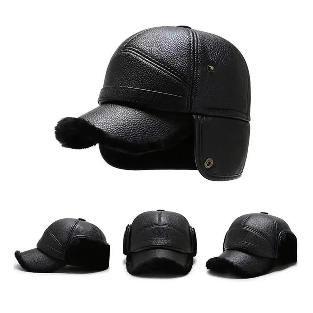 Winter Baseball Cap Men PU Leather Bomber Caps Middle Elderly Dad Hat With Earflaps Thicker Warm Windproof Tongue Hat Keep Warm