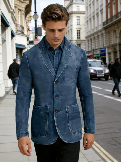 Men‘s Casual Denim Blazer Notch Lapel Jean Jacket Lightweight Stretch Suit Sport Coat with Pockets