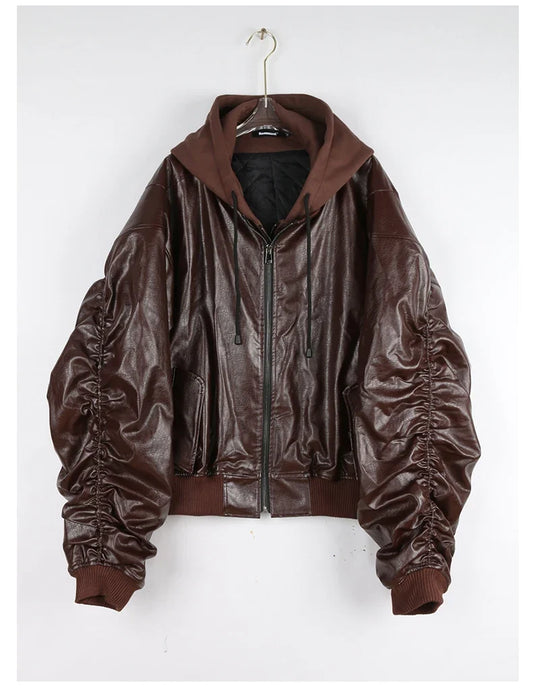 Autumn Winter Cool Handsome Oversized Brown Thickened Warm Leather Jacket Men with Hood Fake 2 Piece European Clothes