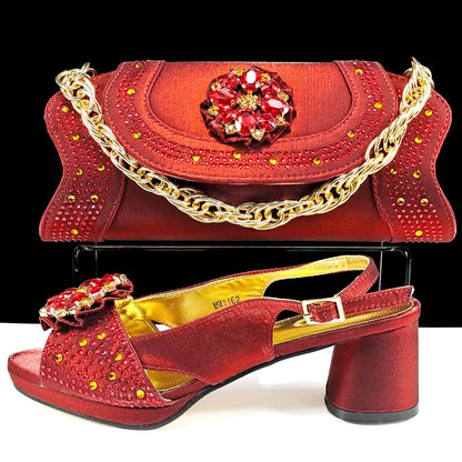 Open Toe Women Heels for 2024 Elegant Party Olive Color Diamond Pumps Italian Shoes and Bags Matching Set