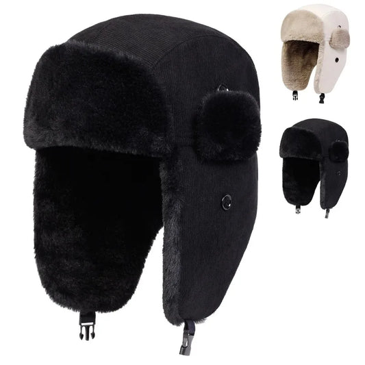 Unisex Solid Color Corduroy Lei Feng Hat Winter Earflap Hat Keep Warm Ski Hat Bomber Hat for Outdoor Riding Snow Activities