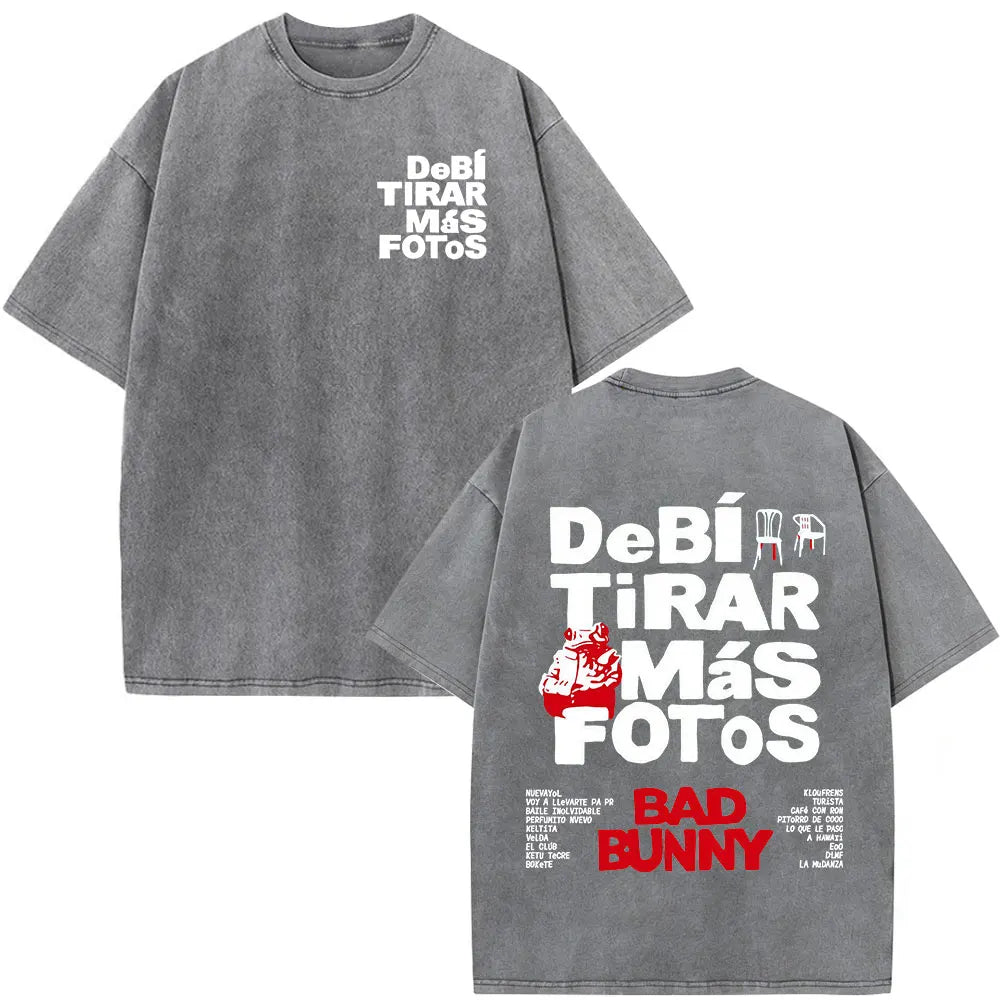 Washed Vintage Rapper Bad Bunny T-shirt Debi Tirar Mas Fotos DTMF Tour 2026 T Shirts Men Women Clothing Fashion Hip Hop T-shirts