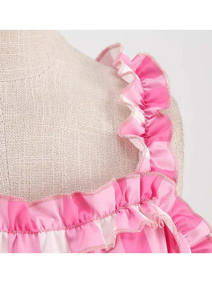 Spaghetti Strap Pink Plaid Dress Women Summer Elegant Vintage 50s Rockabilly Swing Party Dress