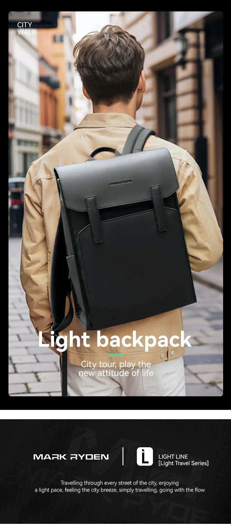 Mark Ryden Classic Business Work Black Leather Backpack 15.6 Inch Laptop Waterproof Bag School Bags Business bacbackpack for men