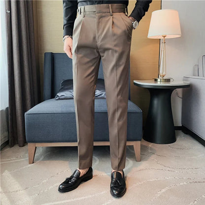 Autumn Winter High Quality Solid Casual Pants Men Belt Design Slim Fit Trousers Formal Office Business Social Party Suit Pants