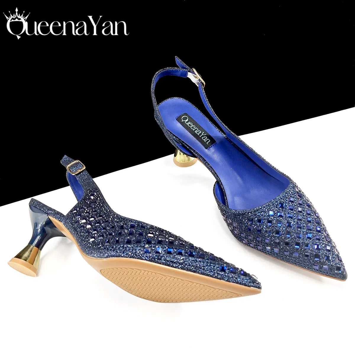 Queena Yan 2025 Italian Design Rhinestone Luxury Navy Blue Pointed Toe Shoe & Bag Set Women High Heels for Parties High Quality