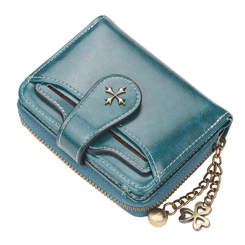 Blocking Oil Wax Leather Women Mini Wallet Multi Card Clover Zipper Coin Purse Portable Ladies Purse Office Travel Daily