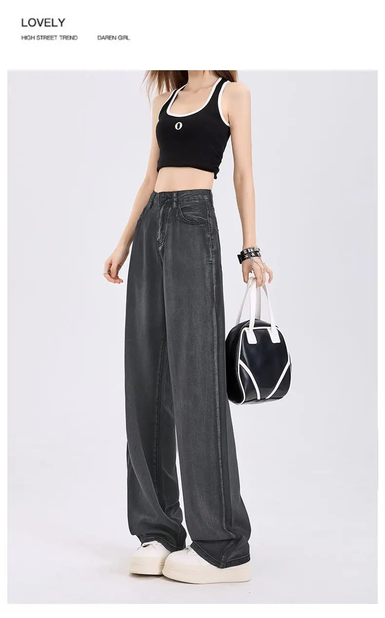 Woman Jeans 100% Lyocell Breathable Denim Wide Leg Towel Sweep drape loose 2025 Summer ice silk Baggy Famale Denim Pants 5 Color