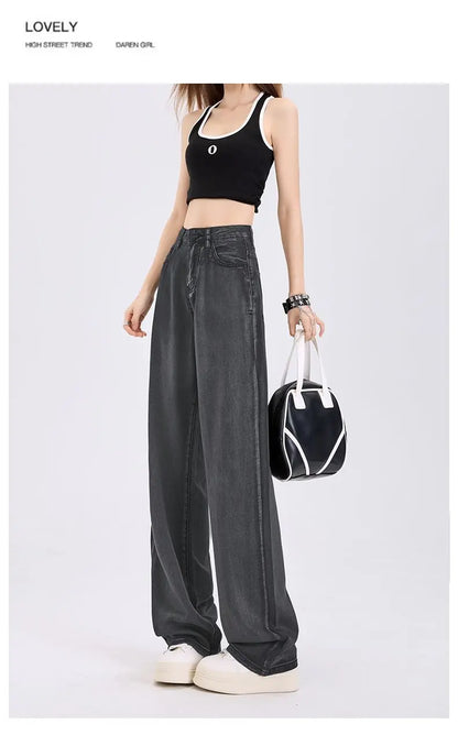 Woman Jeans 100% Lyocell Breathable Denim Wide Leg Towel Sweep drape loose 2025 Summer ice silk Baggy Famale Denim Pants 5 Color