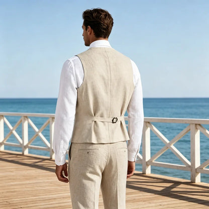 Men‘s  Linen  Waistcoat Single Breasted V Neck Suit Vest Adjustable Back  Slim Fit Casual Wedding Formal  Gentleman For Beach