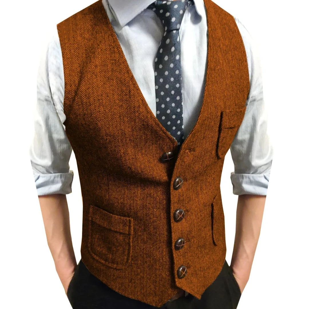 Men Vest Brown Herringbone Single Button V Neck Waistcoat For Wedding Party Business Work Office Daily Casual Men Suit Vest