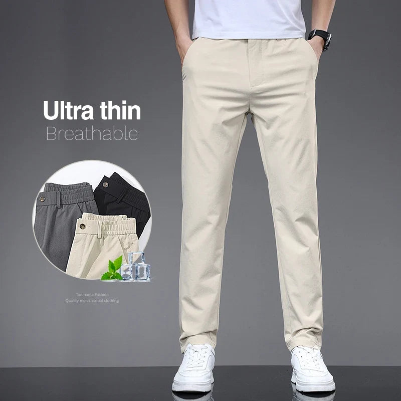 Spring Summer Thin Men's Slim Casual Pants Solid Color Elastic Waist Soft Breathable Business Straight Trousers Black Beige Gray