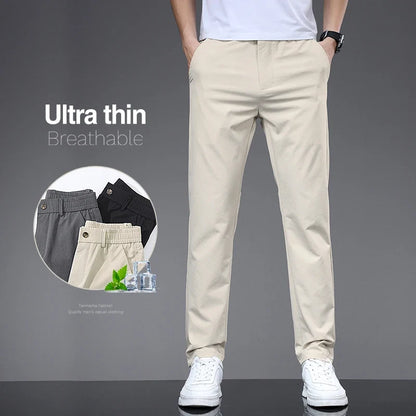 Spring Summer Thin Men's Slim Casual Pants Solid Color Elastic Waist Soft Breathable Business Straight Trousers Black Beige Gray