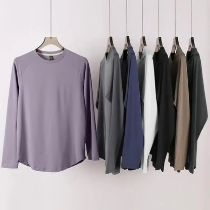 Sports Long-sleeved T-shirt Men Curved Hem Warm Gym Fitness Clothes Quick-drying Breathable Running Training Round Neck Top