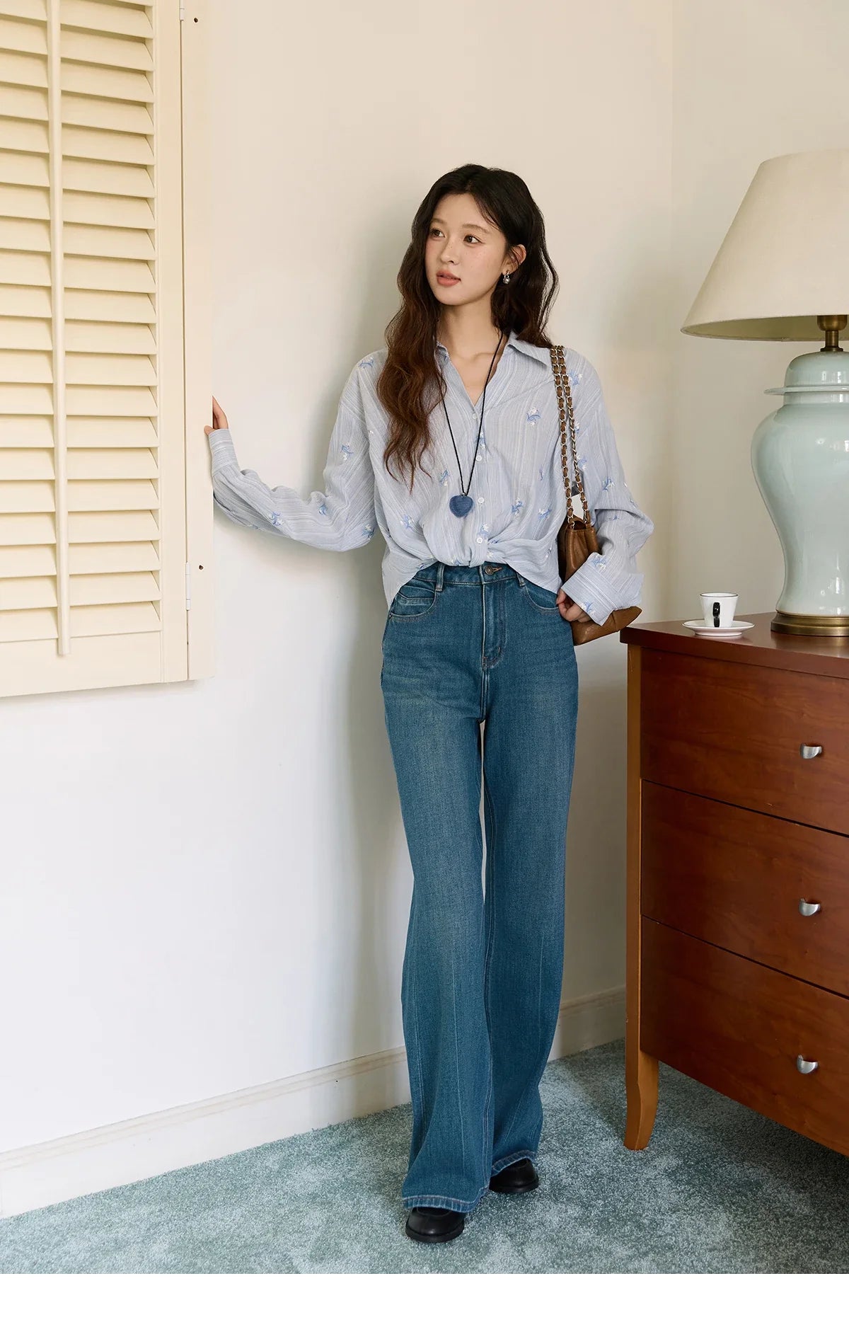 Long Sleeve Shirts for Woman 2025 Autumn Retro Blue Single-breasted Blouse Floral Embroidery Casual Tops MXE45X2495