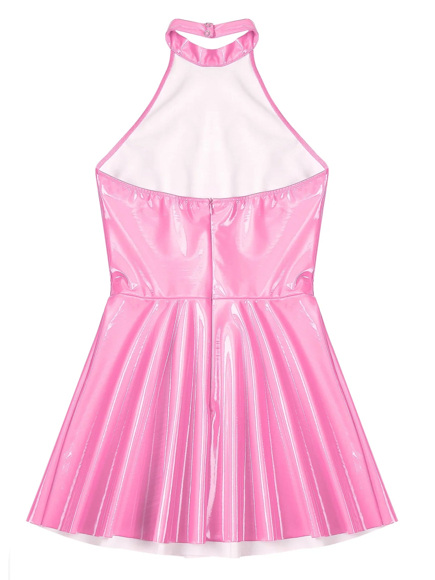 Womens Glossy Patent Leather Glossy Mini Skater Dress Halter Backless Bodycon Lingerie A-Line Dresses Rave Disco Party Clubwear