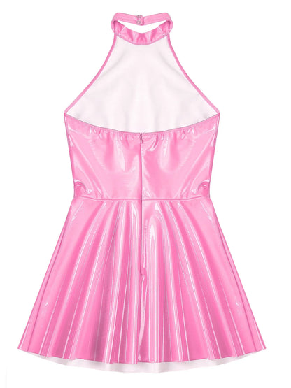 Womens Glossy Patent Leather Glossy Mini Skater Dress Halter Backless Bodycon Lingerie A-Line Dresses Rave Disco Party Clubwear