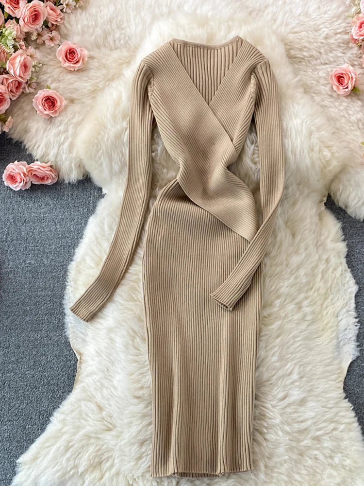 Autumn Winter 2025 Women Dress Elegant Cross V-neck Slim Waist Knitted Bodycon Dress Korean Office Lady Vestidos