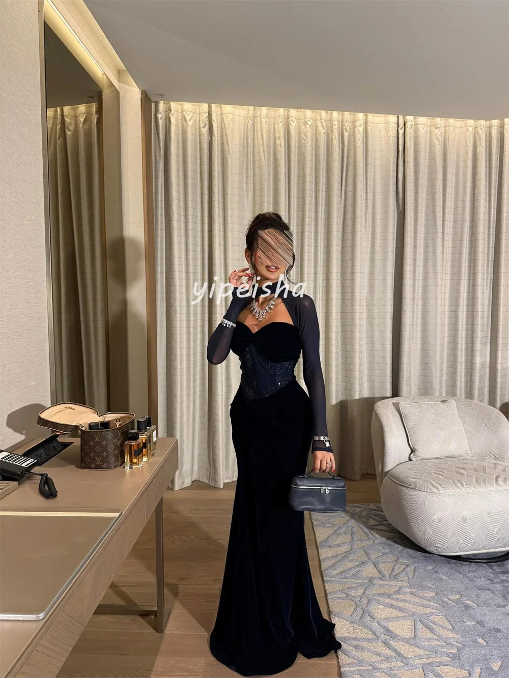 Customized Sexy Fashion Velour Beading Sequined Mermaid Square Neck Long Dresses Bespoke Occasion Dresses Sizes Available Retro