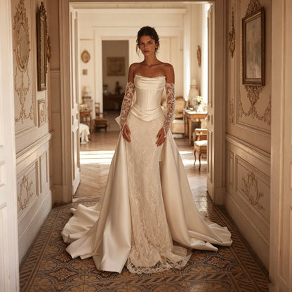 Elegant Satin Lace Mermaid Wedding Dresses 2026 New Detachable Overskirt with Bow Full Sleeve Corset Back Bridal Gown Customized