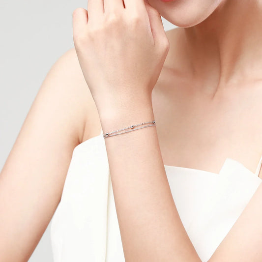 Bracelet Femme Tendance Simple en Argent Sterling 925 avec Double Chaîne de Perles pour Mariage