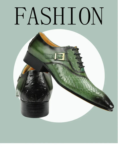 Luxury Men Oxford Shoes British Carved Fashion Dress Leather Shoes  Pointed Shoes Trendy Lace-up Green Black Formal Shoes Men