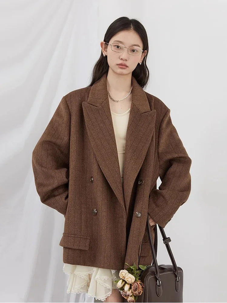 Women Woolen Blazer Loose Vintage V Neck Female Jacket Suit Double Breasted Office Ladies Coat Spring Autumn 2025
