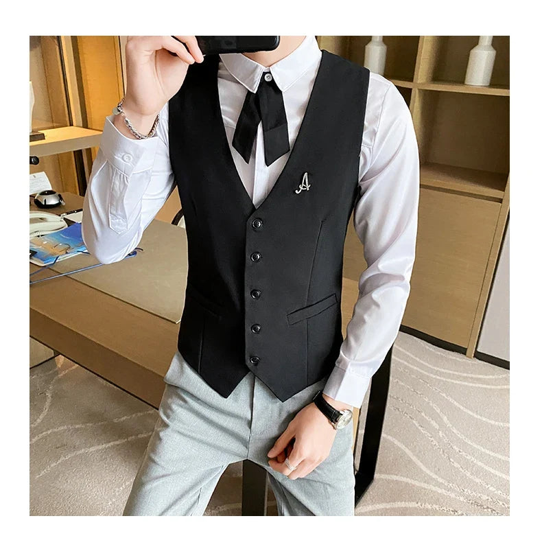 Top Quality Men's Business Casual Slim Vest Fashion Designer Men Classic Solid Color Single Breasted Sleeveless Vest Size 5XL-M