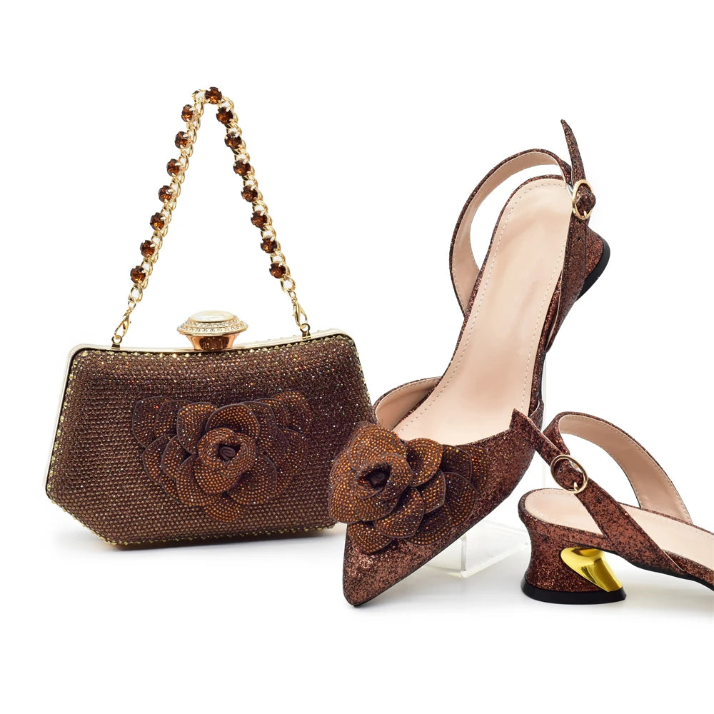 Chic and Elegant Woman Shoes and Bag with Rhinestone Shoe and Bag Set for Party in Women Nigerian Elegant Heeled Shoes for Women