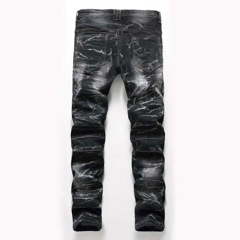 Zipper Pocket Retro Nostalgic Jeans Men's New Style High Street Motorcycle Fashion Stretch Slim Straight Denim Trousers Male