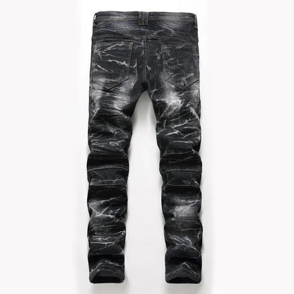 Zipper Pocket Retro Nostalgic Jeans Men's New Style High Street Motorcycle Fashion Stretch Slim Straight Denim Trousers Male