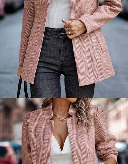 Commute Style Simple Design Woolen Suit Coat Pink Lapel Open Cardigan Short Length Polyester Fiber Women's Fashion Outerwear
