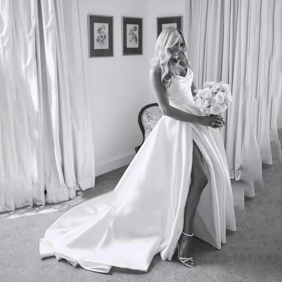 Customized Plus Size A Line Satin Strapless Wedding Dress V Neck Pleats High Side Slit Floor Length Bride Gowns Bridal Dres