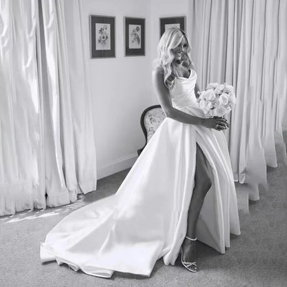 Customized Plus Size A Line Satin Strapless Wedding Dress V Neck Pleats High Side Slit Floor Length Bride Gowns Bridal Dres