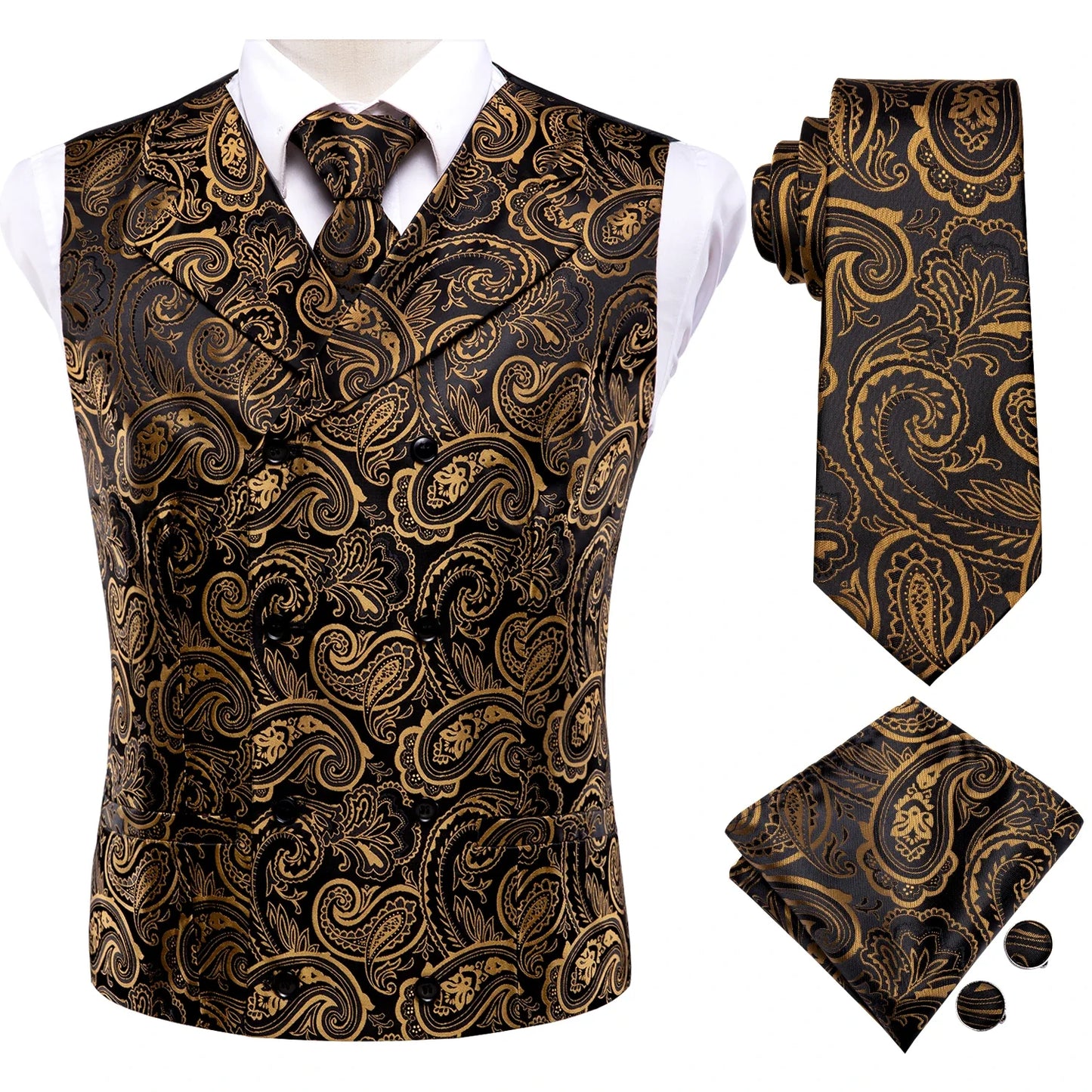 Silk Men's Vests and Tie Business Formal Dresses Slim Vest 4PC Necktie Hanky cufflinks for Suit Blue Paisley Floral Waistcoat