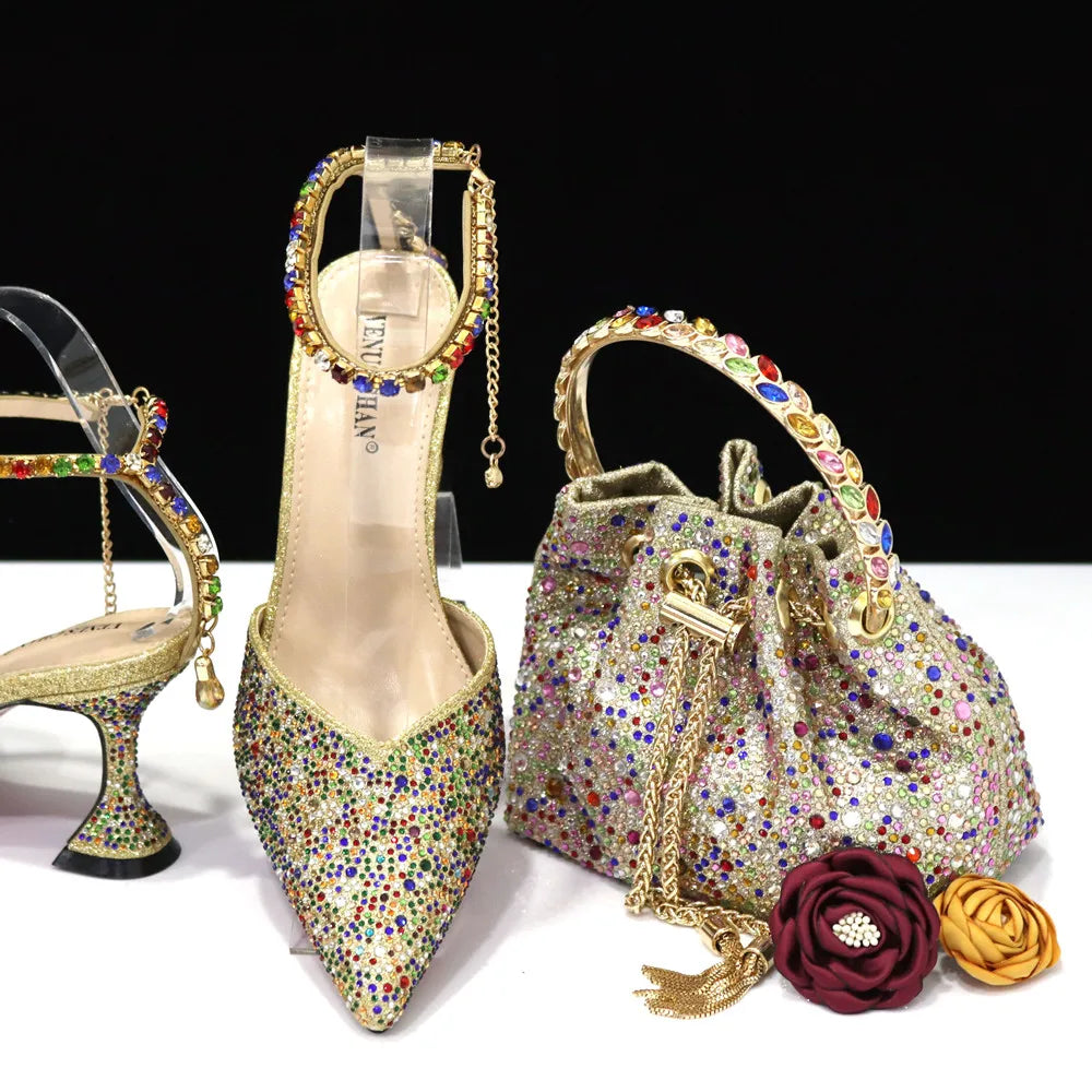 New Arrival Fashion Style Pointed Shoes Bag Soft Handle Bag Anklet Design Medium Heel Ladies Shoes Suitable for Wedding Party