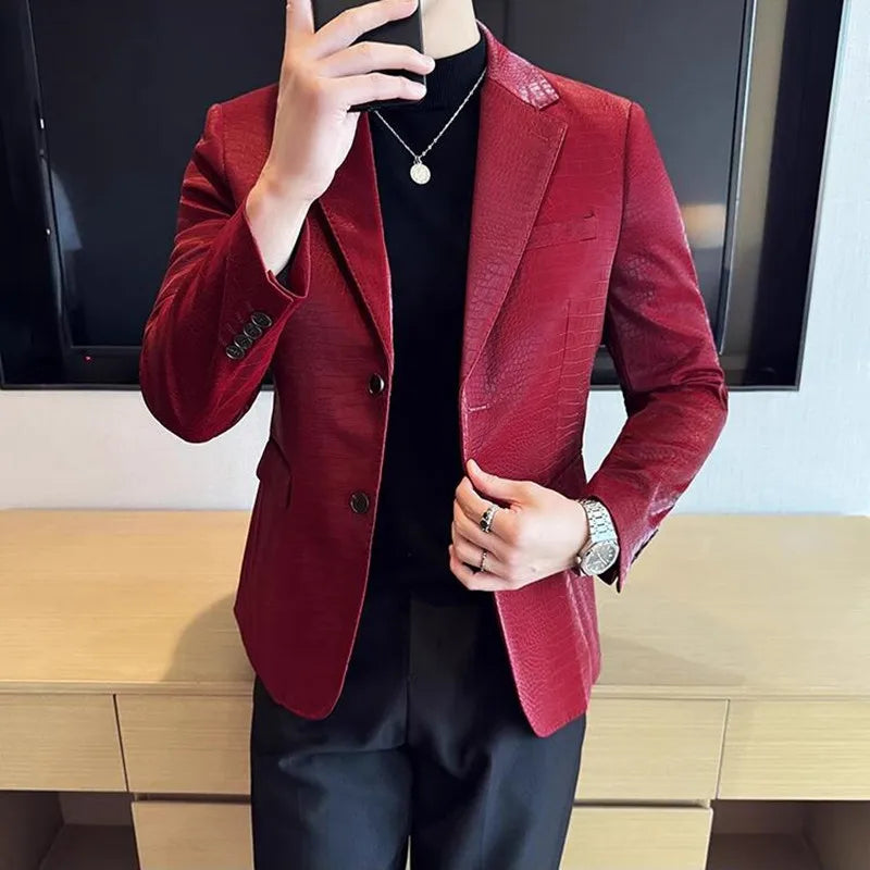 New High Quality Crocodile Stripe Slim Fit Leather Jacket Classic Business Casual Slim Fit Men Blazer Tuxedos Men Clothing 4XL-M