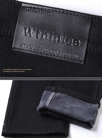 2025 New Winter Pure Black Fleece Thick Warm Jeans Men's loose Straight Elastic Denim Pants classics Casual Plush Trousers