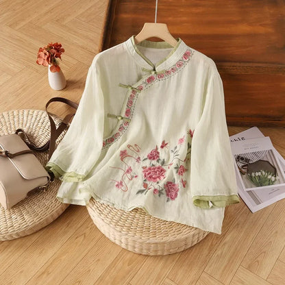 Casual Loose Blouse Shirt Women Clothes Summer Cotton Linen Ladies Tops Tee Blusas Vintage Embroidery Woman Shirt Camiseta Mujer