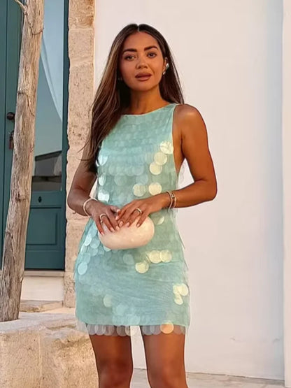 Sexy Sequin Backless Sleeveless Dress Women Chic High Waist Bodycon Sling Mini Dresses 2026 Lady Beach Vacation Party Club Wear