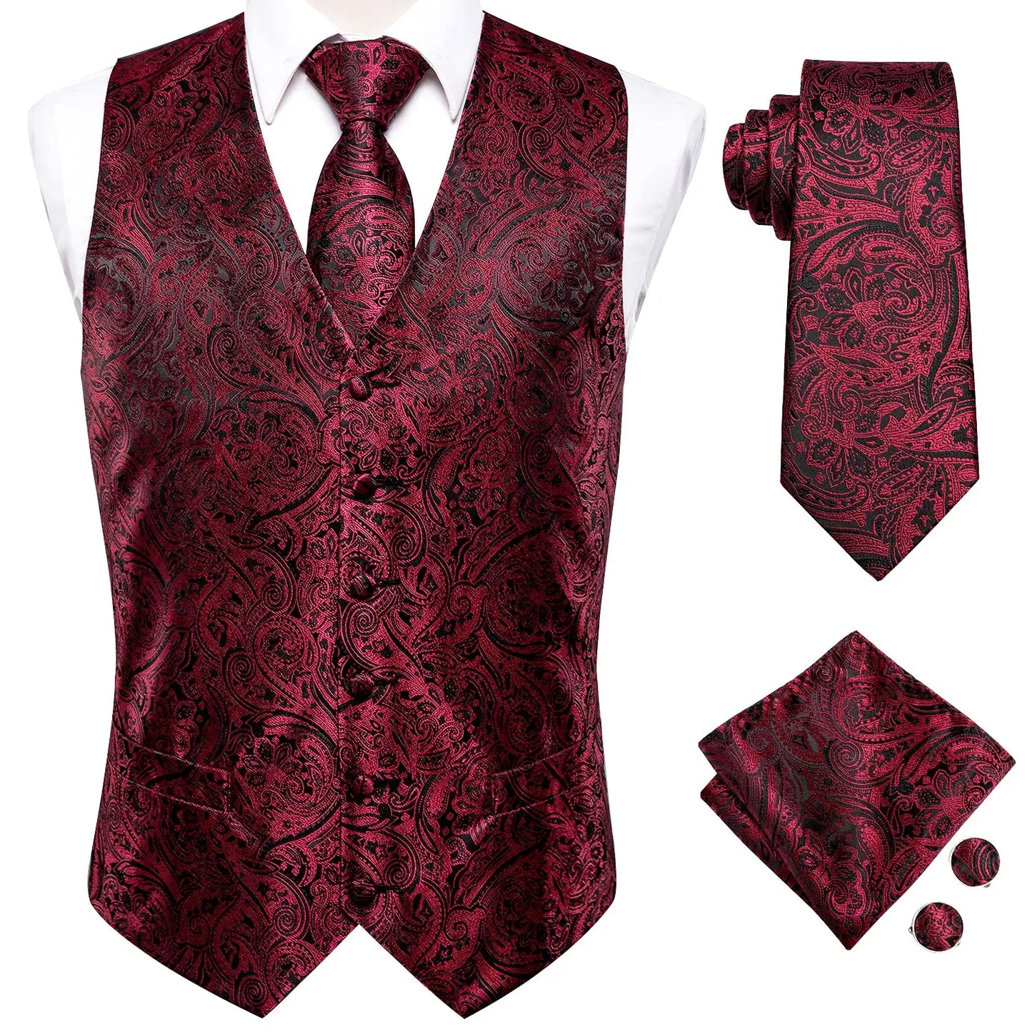 Silk Mens Vests Sleeveless Waist Jacket Jacquard Black Orange Floral Waistcoat Tie Hanky Cufflinks Set for Men Casual XXL