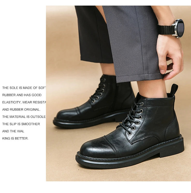Men Black Leather Boots Casual Lace Up Leather Shoes Size 39-46