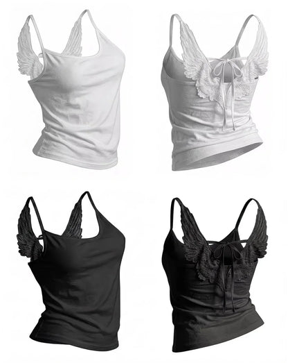 Angel Wings Vest 3D Embossed Wings Embroidery Spaghetti Strap Vest Y2K Women Gothic Fashion Summer Sexy Slim Backless Short Top