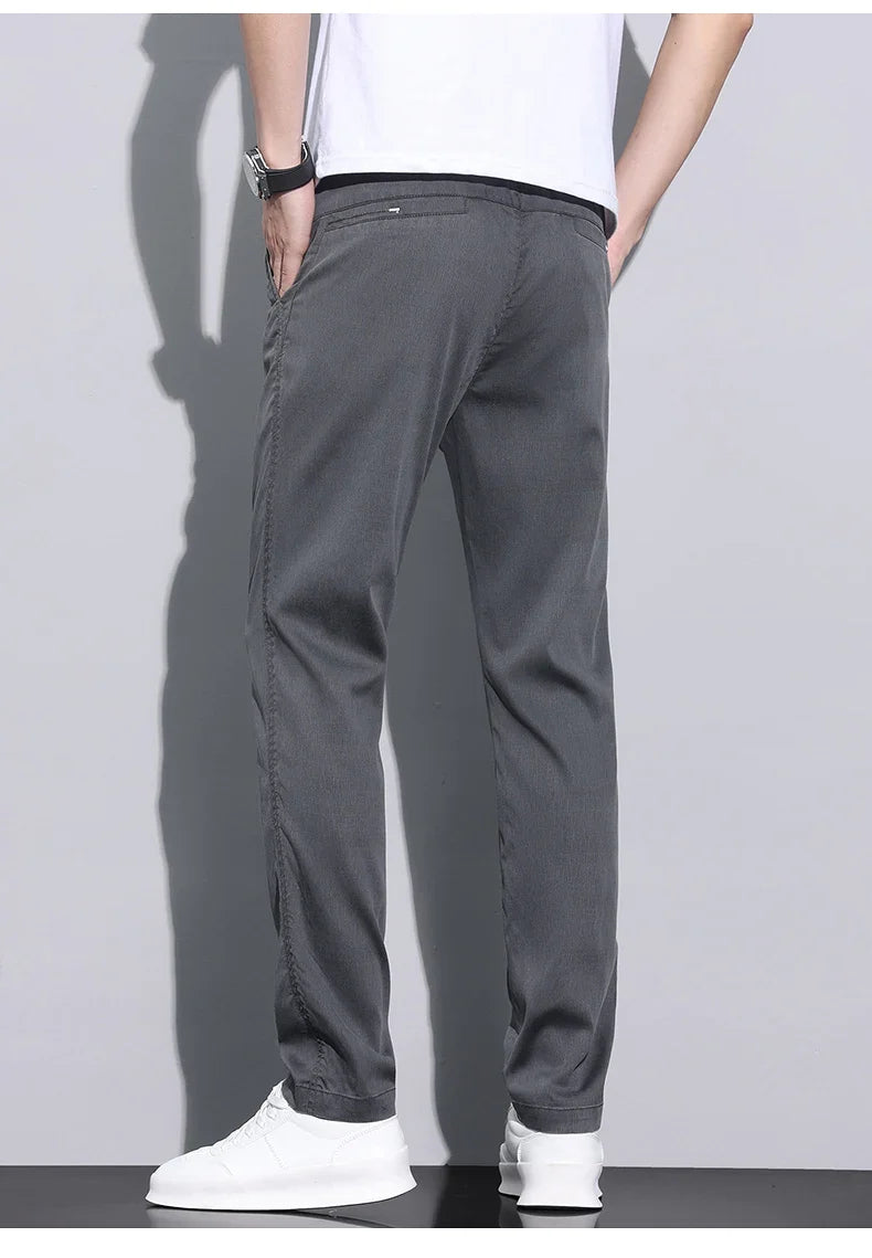 Fiber Fabric Summer Men's Casual Pants Fashion Thin Soft Breathable Elastic Business Slim Straight Trousers Black Gray
