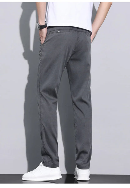 Fiber Fabric Summer Men's Casual Pants Fashion Thin Soft Breathable Elastic Business Slim Straight Trousers Black Gray