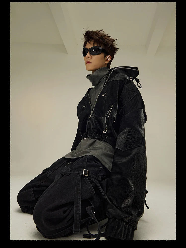 Spring Autumn Cool Short Shiny Black Crocodile Print Pu Leather Jacket Men Luxury Designer Y2K Streetwear Clothes