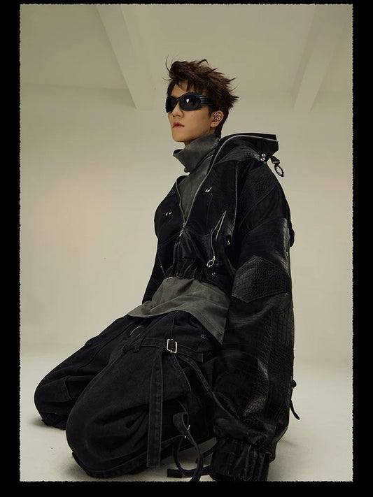 Spring Autumn Cool Short Shiny Black Crocodile Print Pu Leather Jacket Men Luxury Designer Y2K Streetwear Clothes