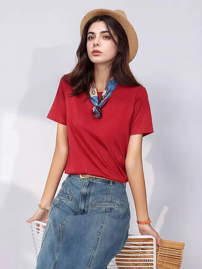 Women Solid T shirts, Silk Cotton Blend, O Neck, Short Sleeved Solid Tee,2025 Summer Candy Colors Basic Cozy Top Green