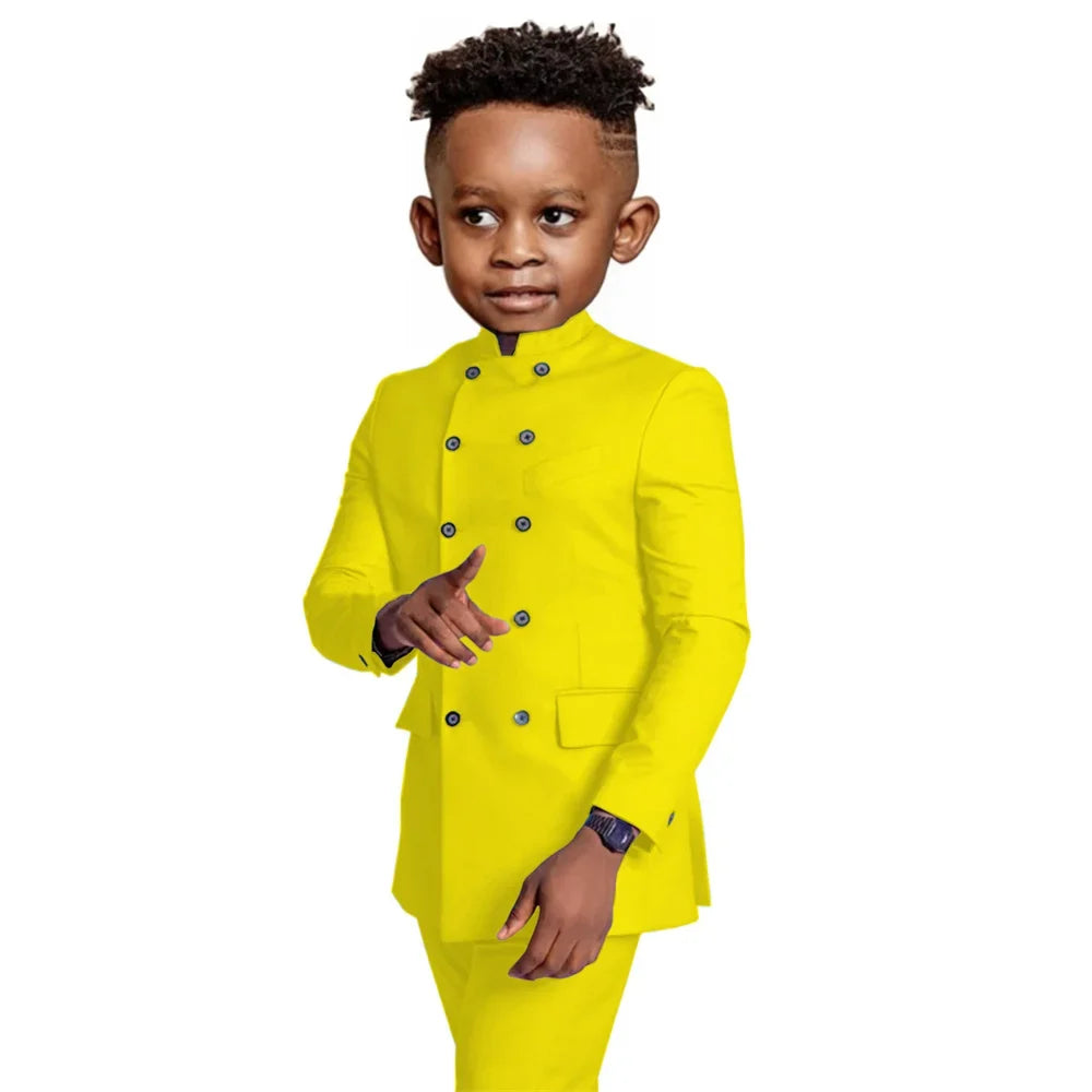 Stylish Elegant Boys Stand-up Collar Suits 2 Pieces Jacket Pants Formal Party Wear Double Breasted Kids Suit Set 2-20T
