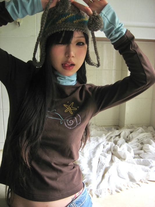 Karrram Japanese Y2k Turtleneck T-shirt Grunge Aesthetics Patchwork Tops Vintage Diamond Print Long Sleeve Tshirt Harajuku 2000s